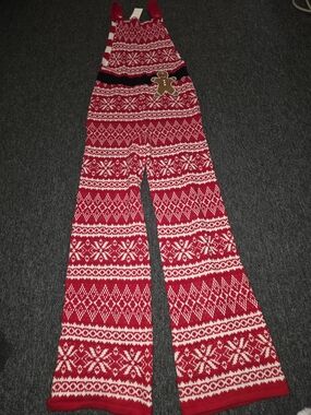 Red Fair Isle Knit Jumpsuit Overalls